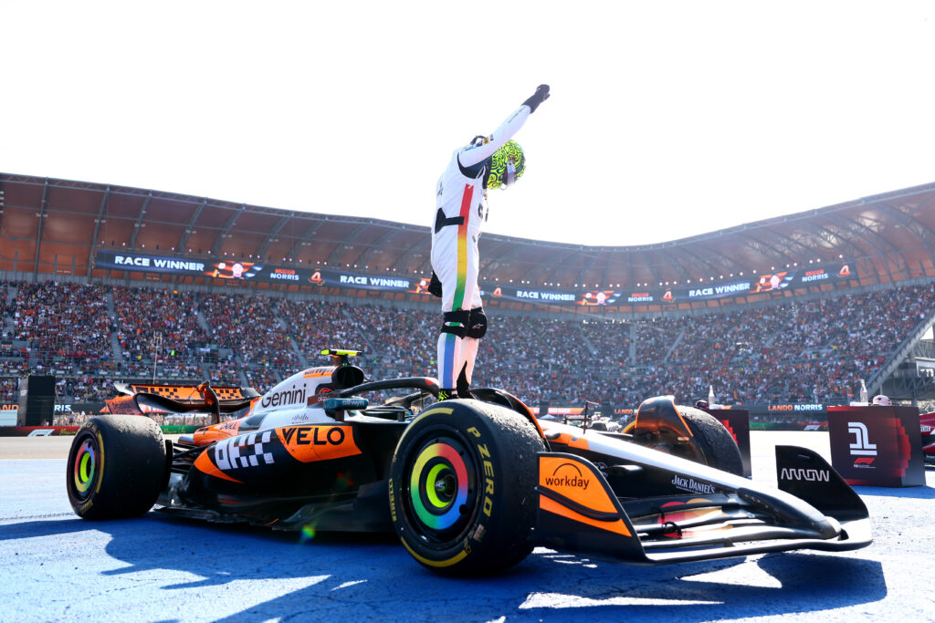 McLaren driver Lando Norris celebrates after winning the 2025 F1 Mexico City Grand Prix podium