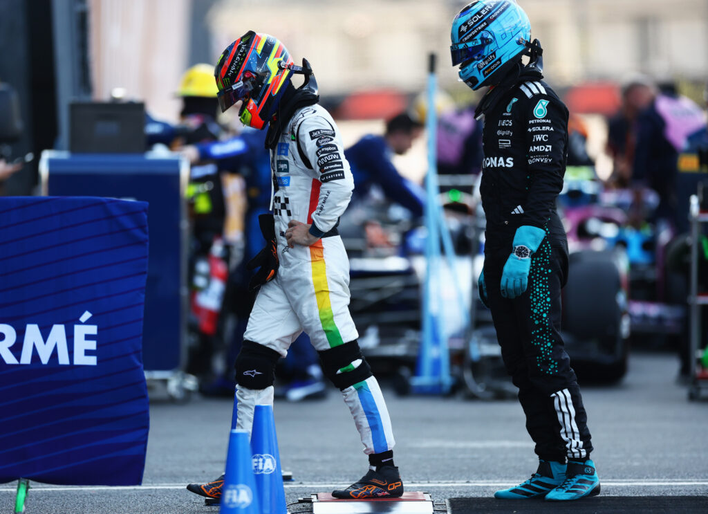 George Russell and Oscar Piastri in parc ferme following the conclusion of the 2025 Mexico City Grand Prix.