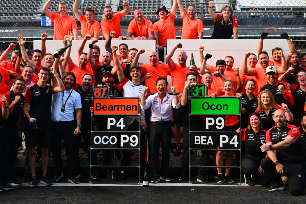 The Haas Formula 1 team celebrating Oliver Bearman finishing fourth at the 2025 Formula 1 Mexico City Grand Prix