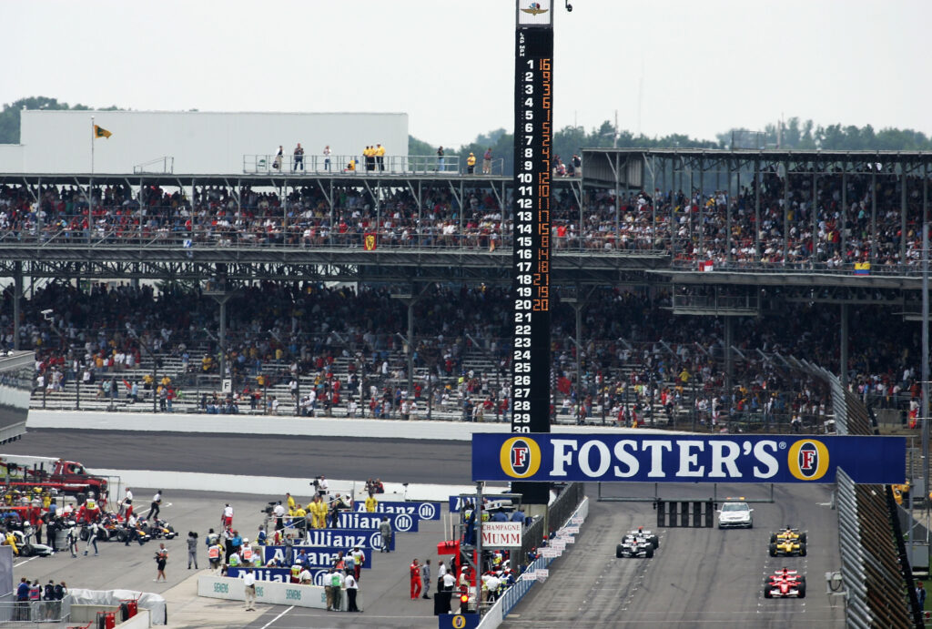 Six F1 cars line up for the start of the 2005 United States Grand Prix.