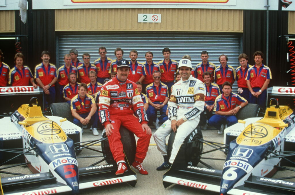 Williams drivers Nigel Mansell and Nelson Piquet sitting on their cars during the 1987 Formula 1 season