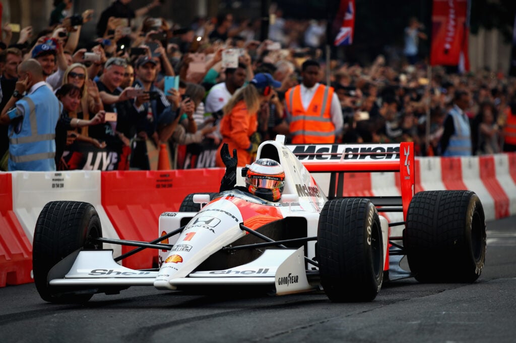 Stoffel Vandoorne driving Ayrton Senna's McLaren MP4/6 in London