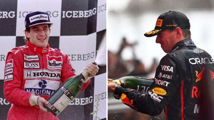 McLaren driver Ayrton Senna spraying champagne on an F1 podium, Red Bull driver Max Verstappen spraying champagne on the podium at the 2025 Formula...