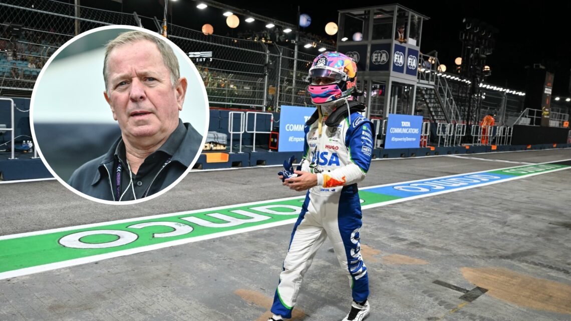 Liam Lawson of Racing Bulls walks down the pit lane after crashing at the Singapore Grand Prix; inset of Martin Brundle