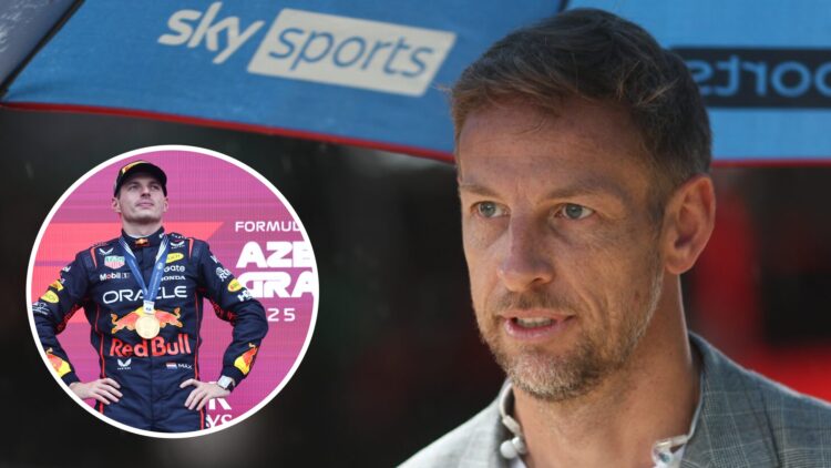 Jenson Button in the Silverstone paddock with an inset of Red Bull driver Max Verstappen celebrates on the Baku podium after winning the 2025 F1 Az...