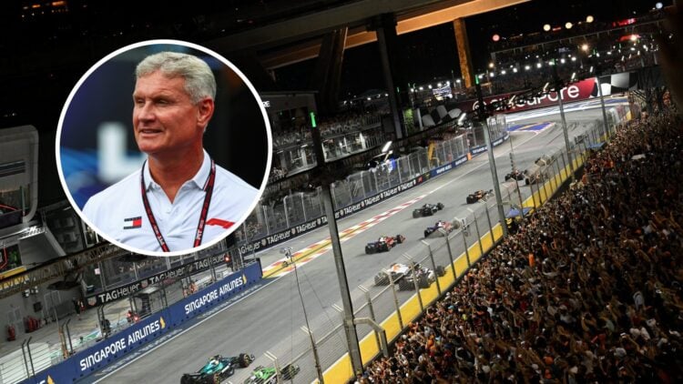 A reverse angle of the start of the 2025 Formula 1 Singapore Grand Prix, inset, David Coulthard at the Dutch Grand Prix