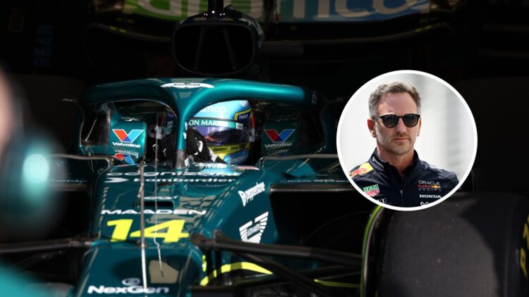 Fernando Alonso inside his Aston Martin AMR25, with Christian Horner entering the 2025 Canadian Grand Prix paddock.