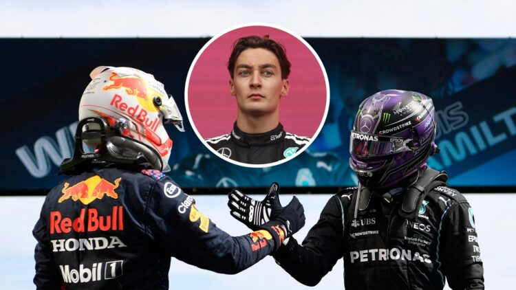 Max Verstappen and Lewis Hamilton shaking hands after the 2021 Portuguese Grand Prix, with George Russell on the podium at Baku in the overlay image.