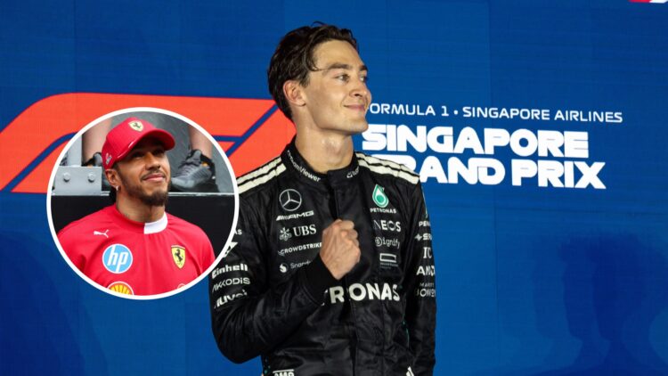 Mercedes driver George Russell celebrating on the podium at the Singapore Grand Prix, inset, Ferrari driver Lewis Hamilton