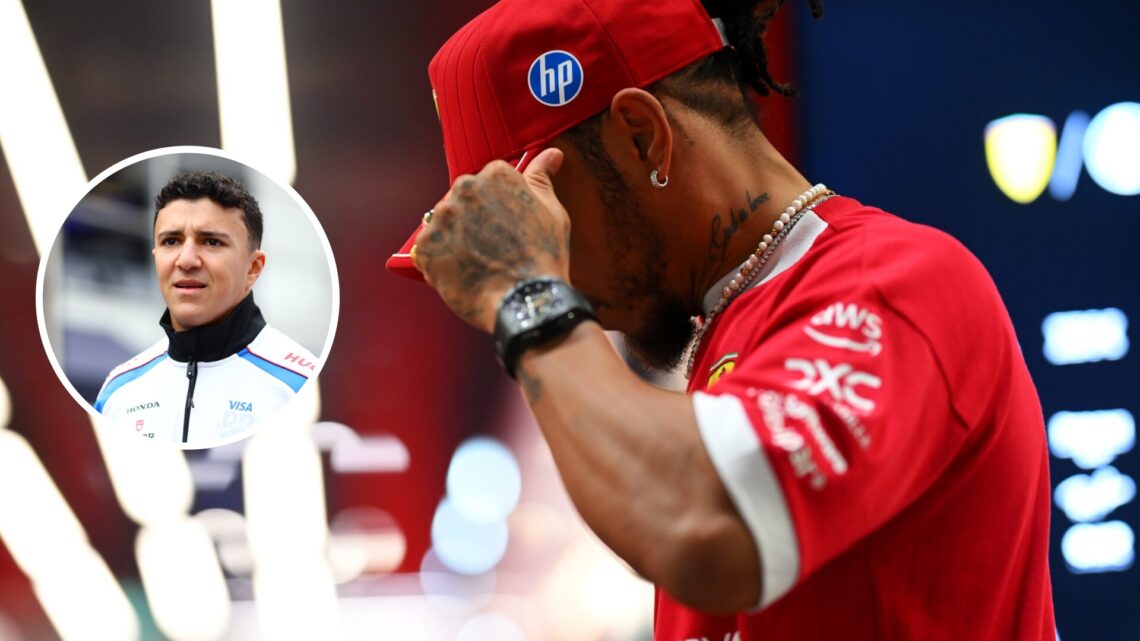 Lewis Hamilton of Ferrari bows his head in the Singapore Grand Prix paddock; inset of Racing Bulls driver Isack Hadjar