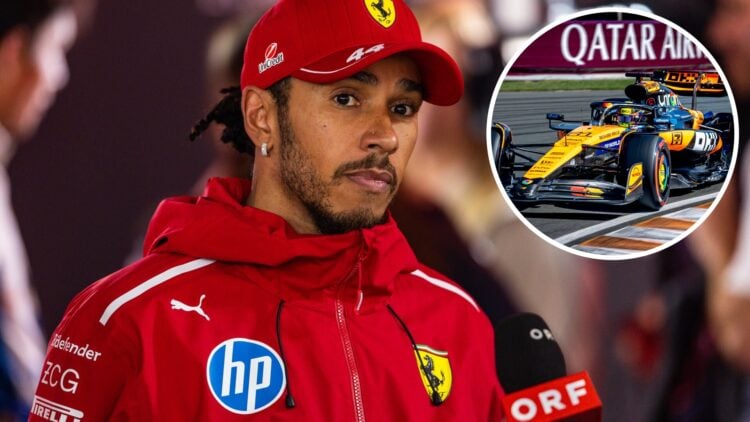 Ferrari driver Lewis Hamilton taking part in an interview after the 2025 Azerbaijan Grand Prix, inset Oscar Piastri