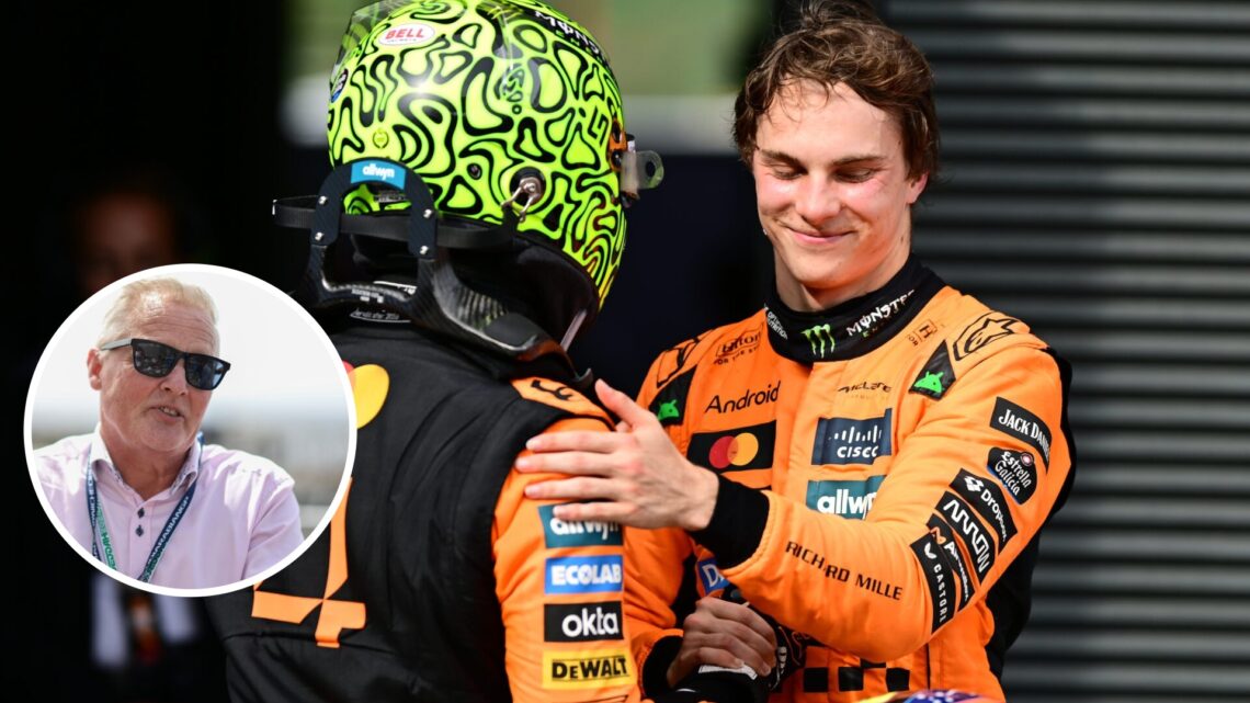 Lando Norris and Oscar Piastri of McLaren shake hands in parc ferme; inset of Johnny Herbert