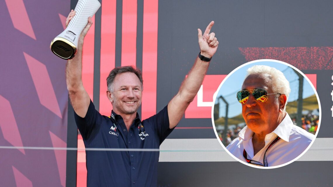 Christian Horner holds the trophy on the podium after Red Bull won the 2023 Japanese Grand Prix; inset of Aston Martin owner Lawrence Stroll