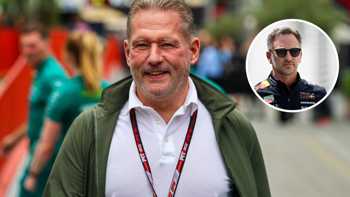 Jos Verstappen walks in the Azerbaijan Grand Prix F1 paddock; inset of former Red Bull boss Christian Horner