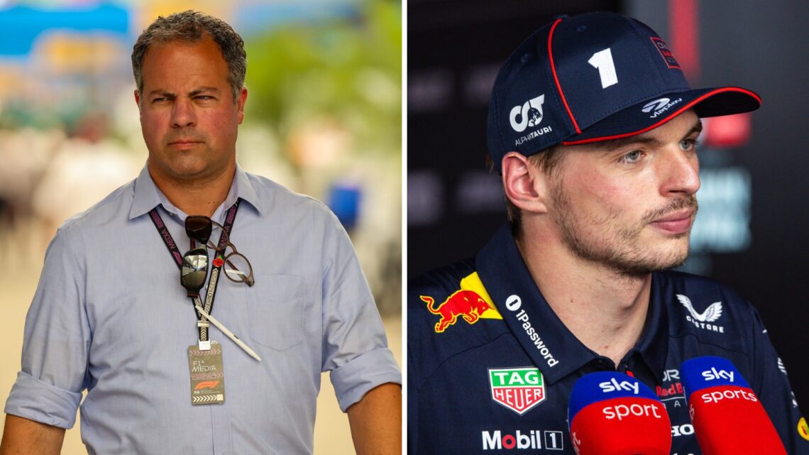 Ted Kravitz walks in the Sao Paulo Grand Prix paddock (L); Max Verstappen of Red Bull speaks in the media pen (R)