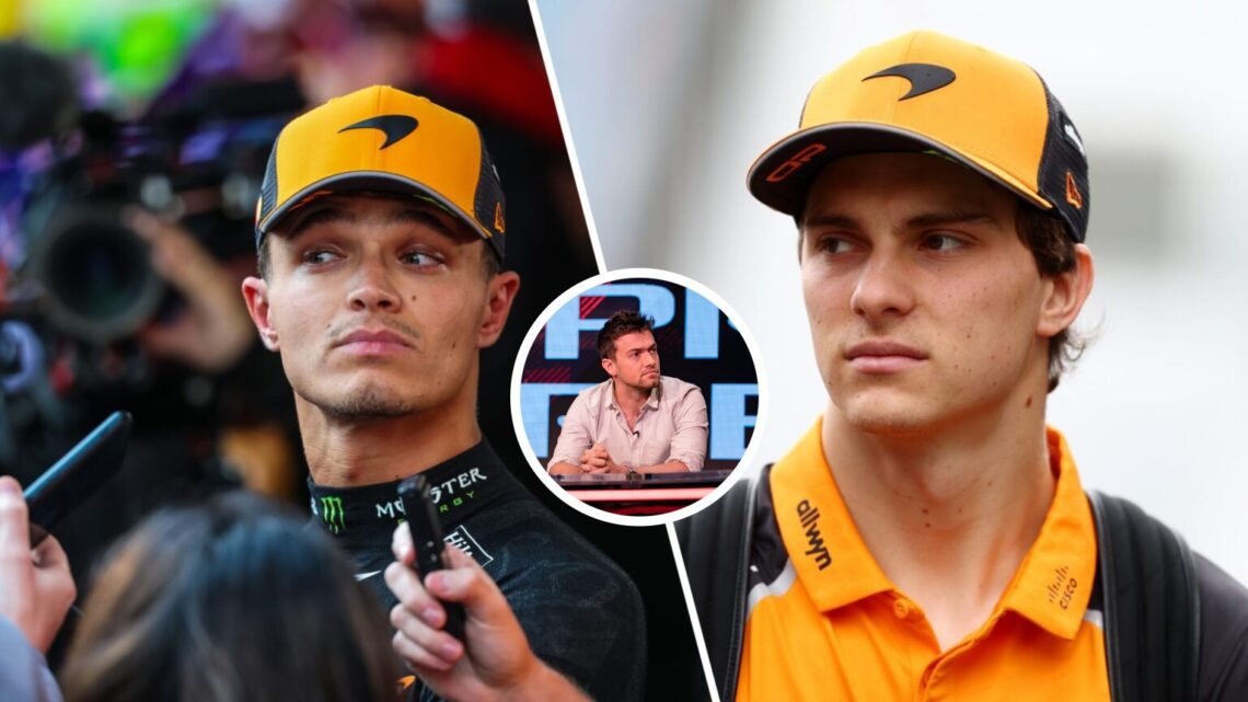 Split image of McLaren drivers Lando Norris (L) and Oscar Piastri (R) at the 2025 Azerbaijan Grand Prix with Jolyon Palmer sitting at a desk whilst...