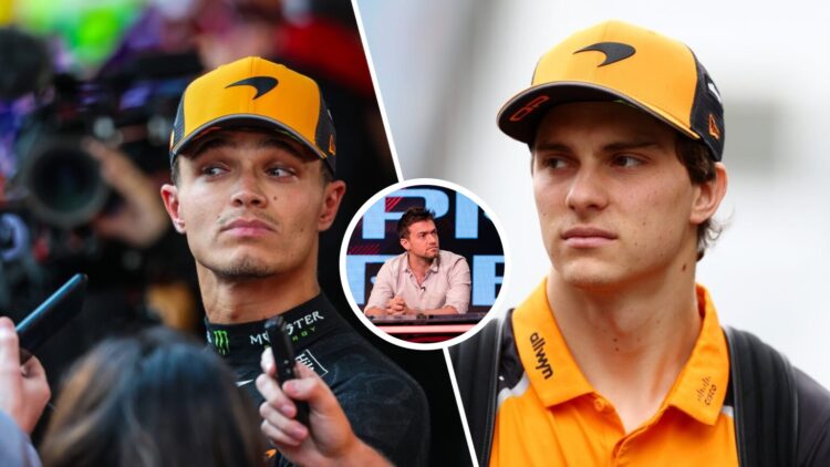 Split image of McLaren drivers Lando Norris (L) and Oscar Piastri (R) at the 2025 Azerbaijan Grand Prix with Jolyon Palmer sitting at a desk whilst...