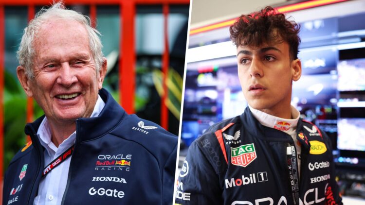 Split image of Red Bull chief advisor Helmut Marko (L) and Red Bull junior Arvid Lindblad (R) at the 2025 British Grand Prix