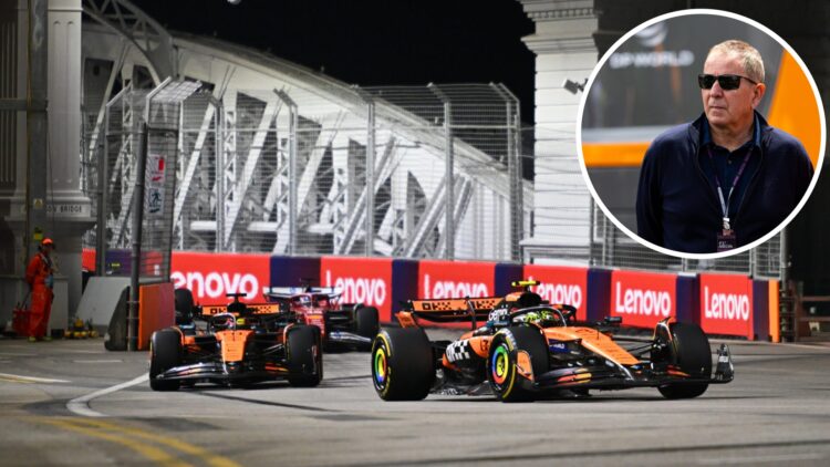 McLaren drivers Lando Norris and Oscar Piastri racing at the 2025 Singapore Grand Prix, inset Martin Brundle