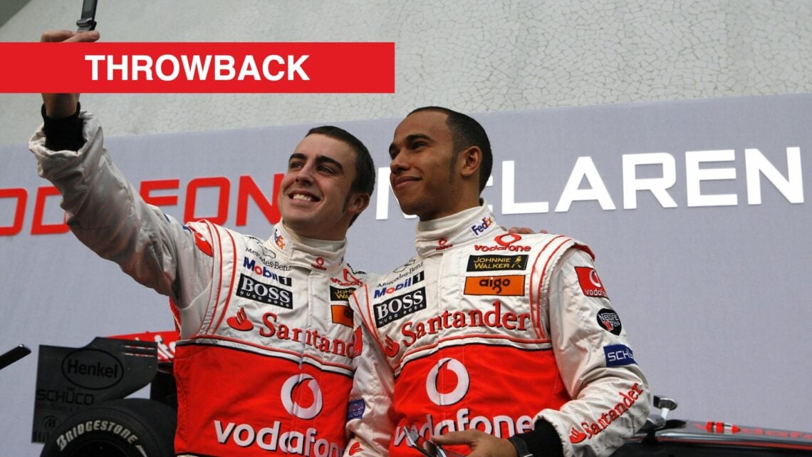 McLaren drivers Fernando Alonso and Lewis Hamilton posing for a photo during the 2007 Formula 1 season