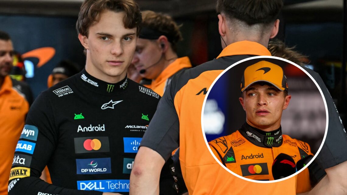 McLaren driver Oscar Piastri gets ready for practice for the 2025 F1 Singapore Grand Prix with an inset of Lando Norris being interviewed in Baku