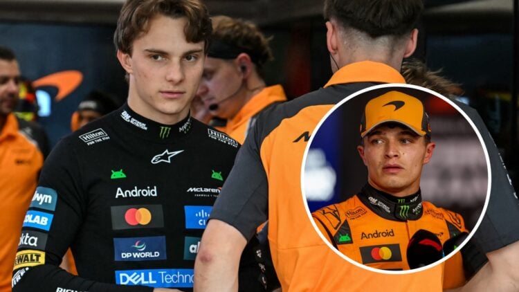 McLaren driver Oscar Piastri gets ready for practice for the 2025 F1 Singapore Grand Prix with an inset of Lando Norris being interviewed in Baku