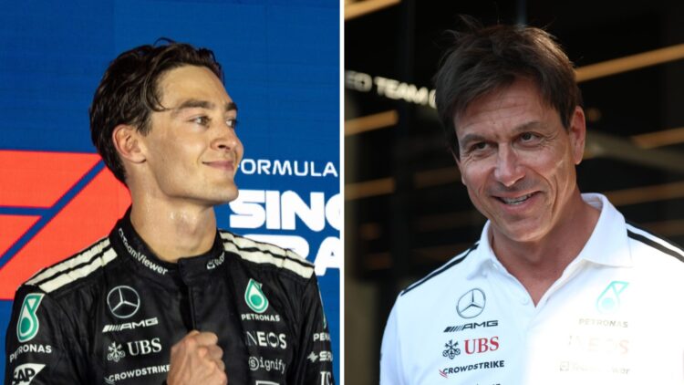 Mercedes driver George Russell celebrating on the podium after winning the 2025 F1 Singapore Grand Prix and team principal Toto Wolff in the garage...
