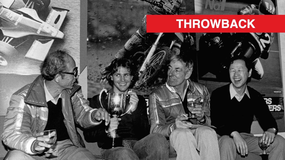Mike Thackwell, Yoshio Nakamura, Ron Tauranac and Nobuhiro Kawamoto celebrate after the 1981 F2 British Grand Prix