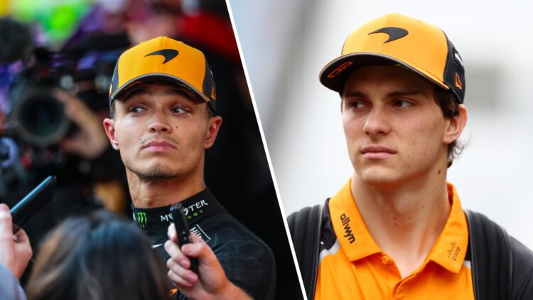 Split image of McLaren drivers Lando Norris (L) and Oscar Piastri (R) at the 2025 Azerbaijan Grand Prix