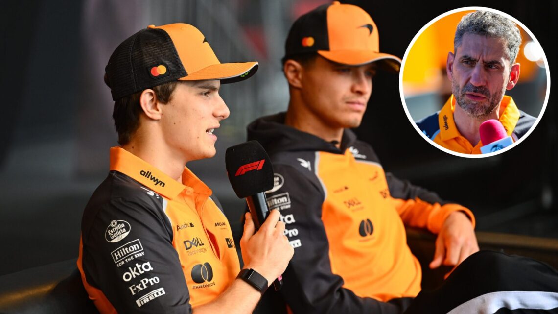 McLaren drivers Oscar Piastri (left) and Lando Norris (right) during an interview at the 2025 Azerbaijan Grand Prix, inset Andrea Stella