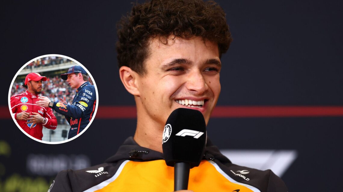 Lando Norris of McLaren smiles in a press conference; inset of Lewis Hamilton and Max Verstappen