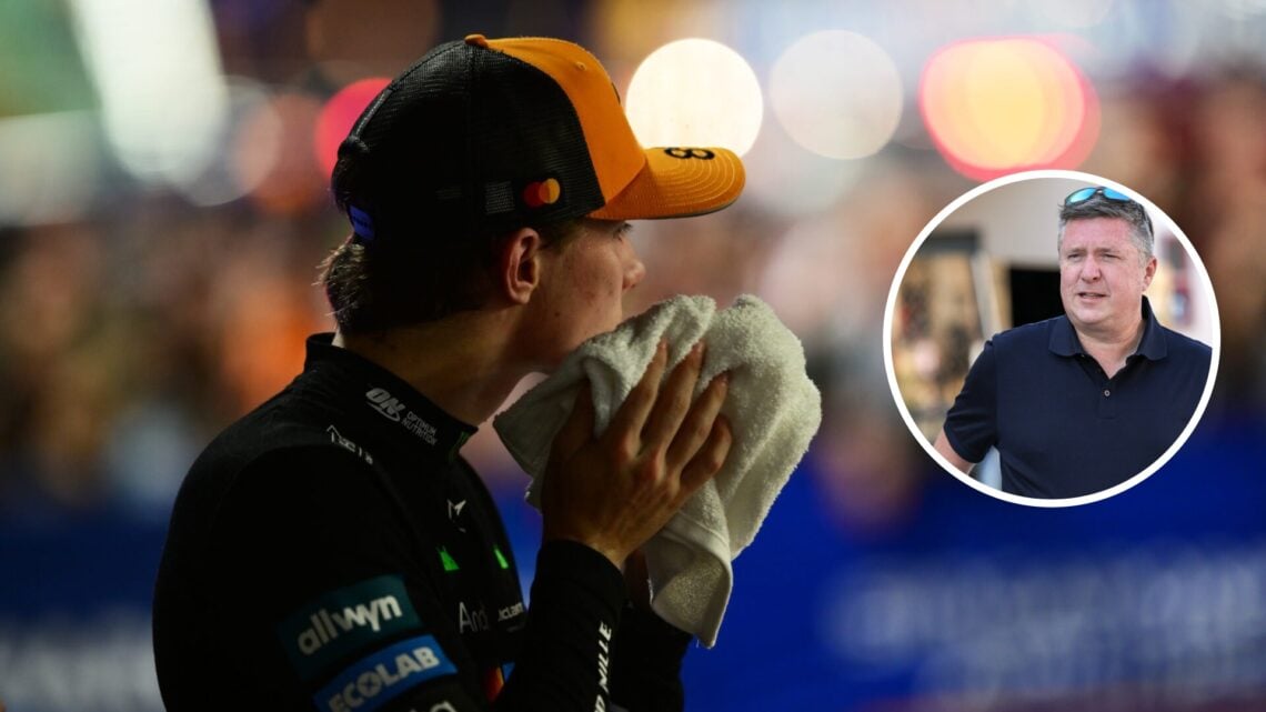 Oscar Piastri of McLaren uses a towel in parc ferme at the Singapore Grand Prix; inset of David Croft