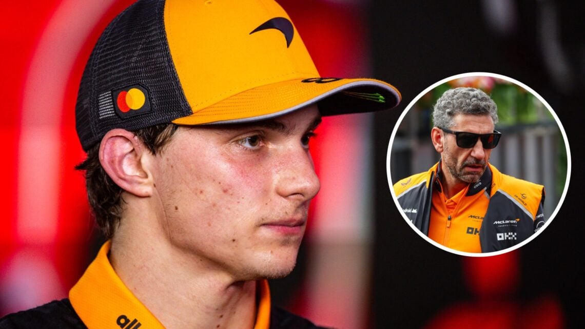 McLaren driver Oscar PIastri being interviewed after the 2025 Singapore Grand Prix, inset Andrea Stella