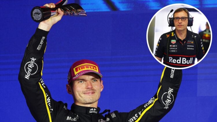 Red Bull driver Max Verstappen celebrates his P2 finish on the 2025 F1 Singapore Grand Prix podium with an inset of technical director Pierre Wache...