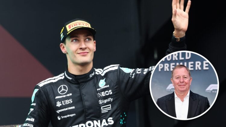 Mercedes driver George Russell waving to the crowd from the podium at the 2025 Singapore Grand Prix, inset Martin Brundle