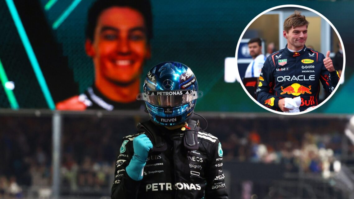 George Russell of Mercedes after securing pole at the 2025 Singapore Grand Prix, inset Max Verstappen