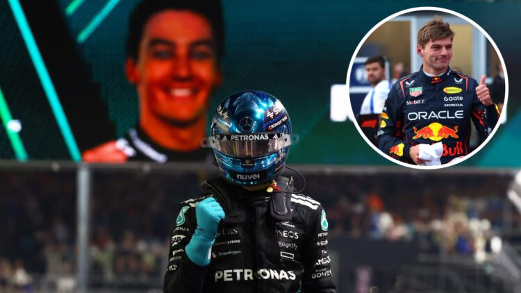 George Russell of Mercedes after securing pole at the 2025 Singapore Grand Prix, inset Max Verstappen