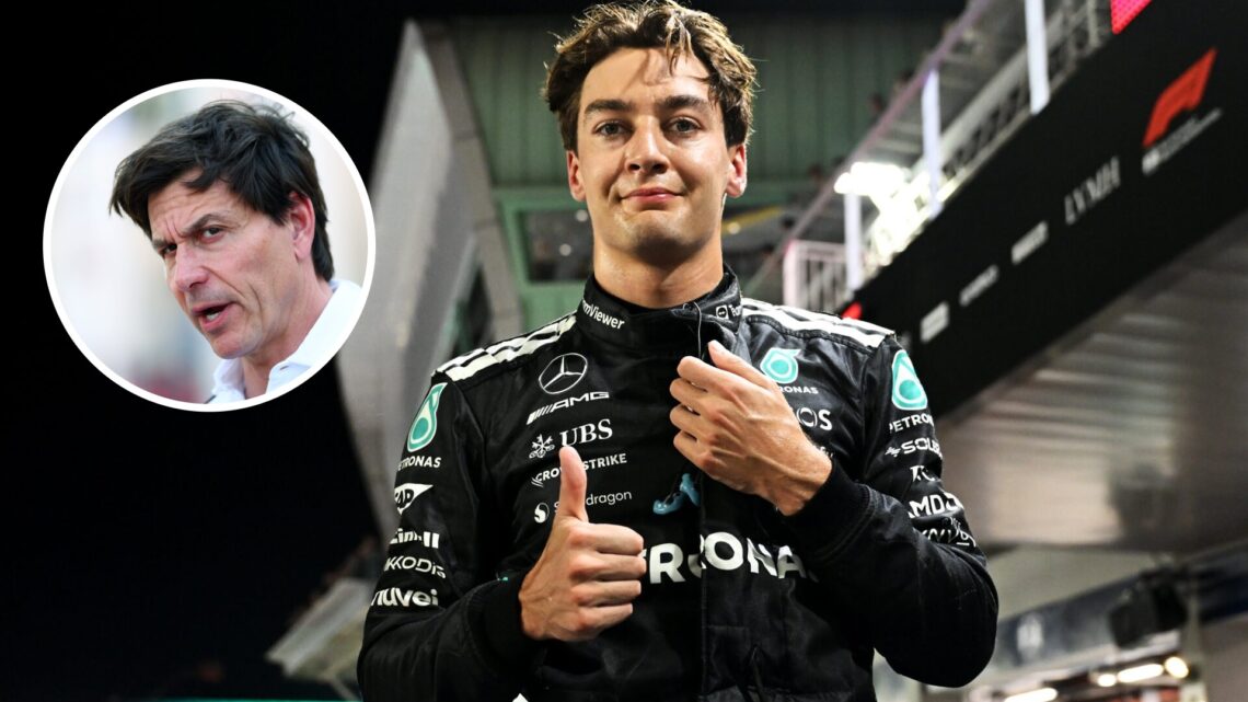 George Russell of Mercedes gives a thumbs up after taking Singapore Grand Prix pole; inset of Toto Wolff