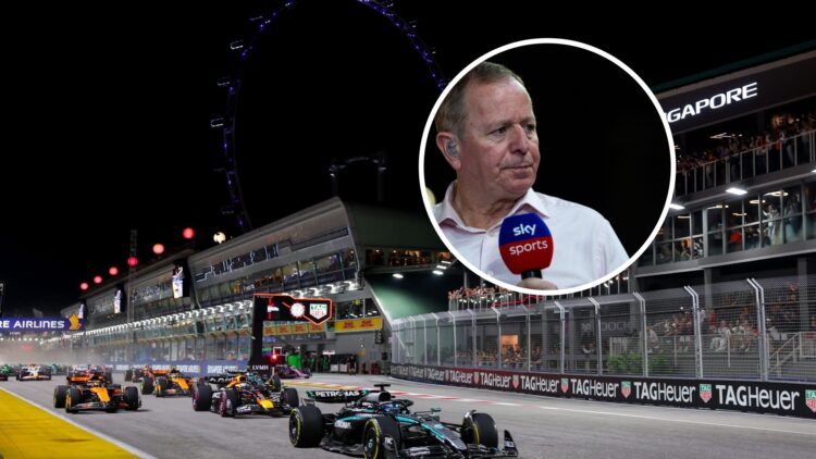 The start of the 2025 Formula 1 Singapore Grand Prix being led by Mercedes driver George Russell, inset, Martin Brundle holding a Sky Sports microp...