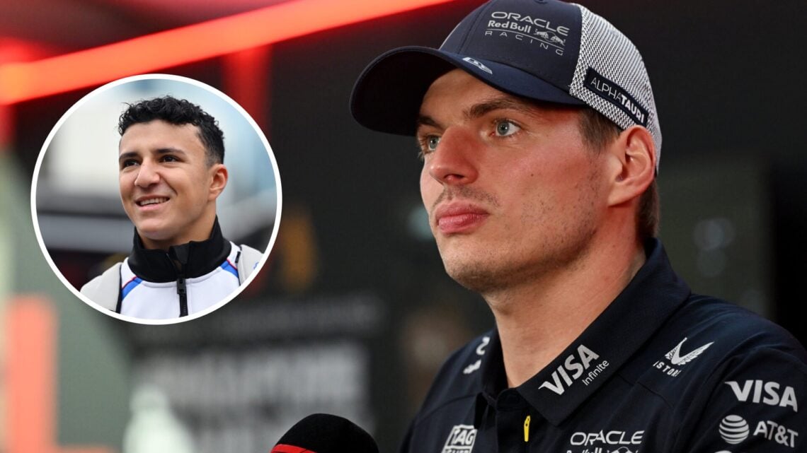 Max Verstappen of Red Bull speaks in the Singapore Grand Prix media pen; inset of Isack Hadjar