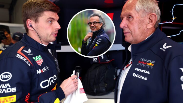Red Bull Racing driver Max Verstappen talking to chief advisor Helmut Marko at the 2025 Emilia Romagna Grand Prix, inset Laurent Mekies