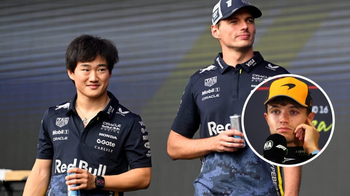 Max Verstappen and Yuki Tsunoda of Red Bull appear at the Singapore Grand Prix fan zone; inset of McLaren driver Lando Norris