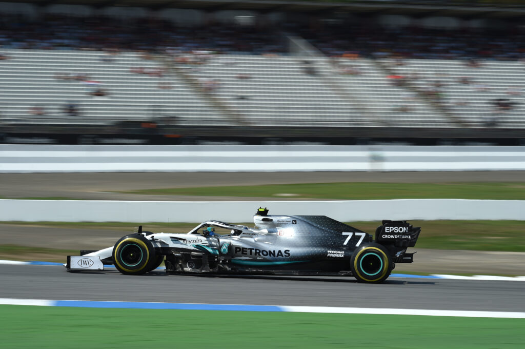 Valtteri Bottas' Mercedes drives past the grandstands at the 2019 German Grand Prix
