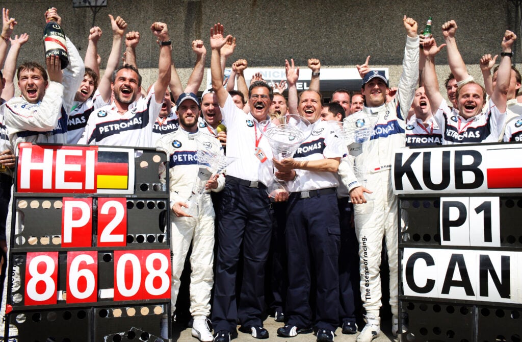 BMW Sauber celebrate Nick Heidfeld and Robert Kubica finishing on the podium at the 2008 Formula 1 Canadian Grand Prix