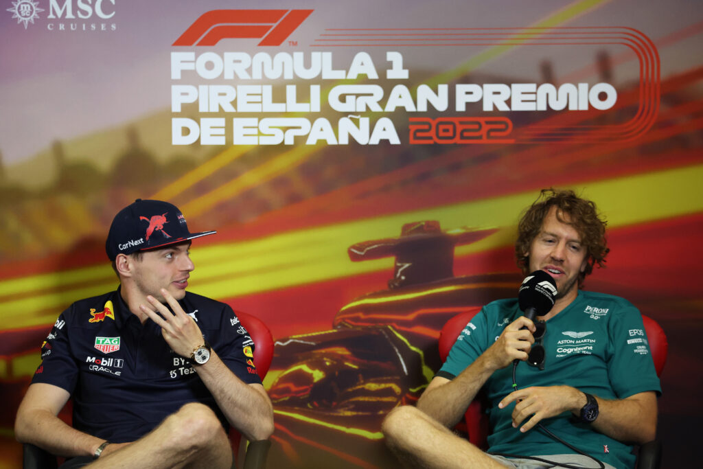 Max Verstappen and Sebastian Vettel in a press conference together at the 2022 Spanish Grand Prix