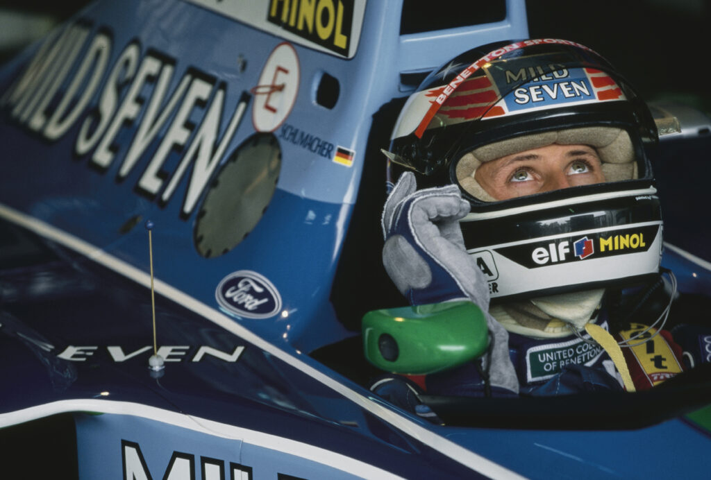 Michael Schumacher checks the lap times from the cockpit of his Benetton Ford during practice for the 1994 F1 Japanese Grand Prix