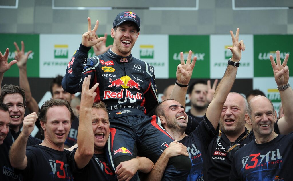 Sebastian Vettel celebrating winning his third world championship at the 2012 Brazilian Grand Prix