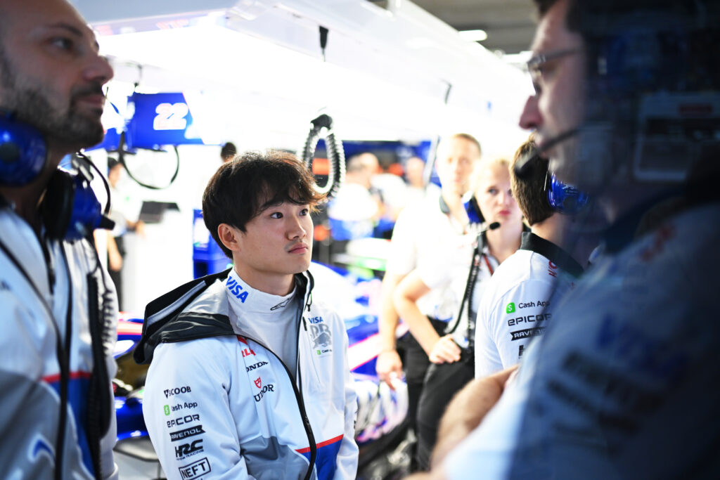 Yuki Tsunoda in the Racing Bulls garage at the 2024 Formula 1 Sao Paulo Grand Prix