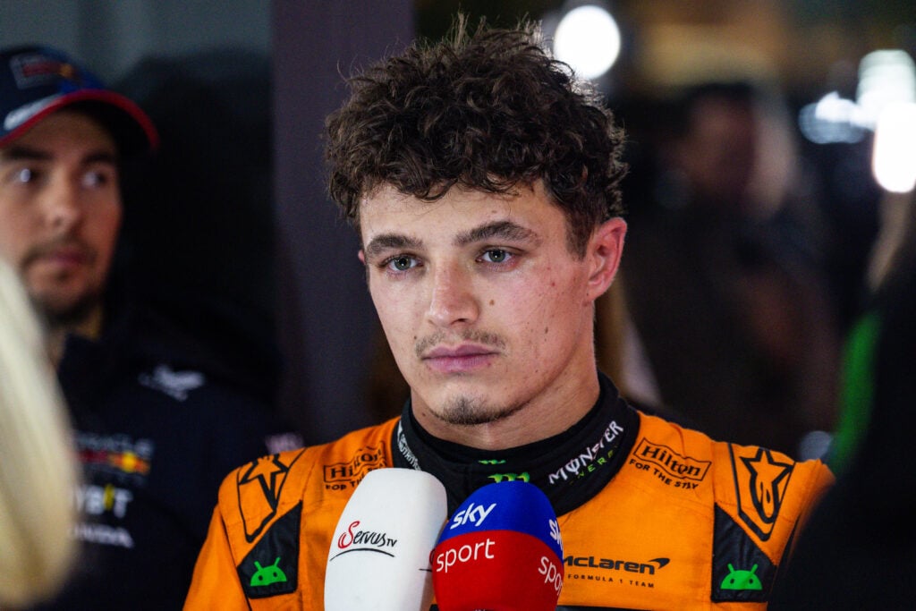 Lando Norris looks upset as he is interviewed after the 2024 Qatar Grand Prix