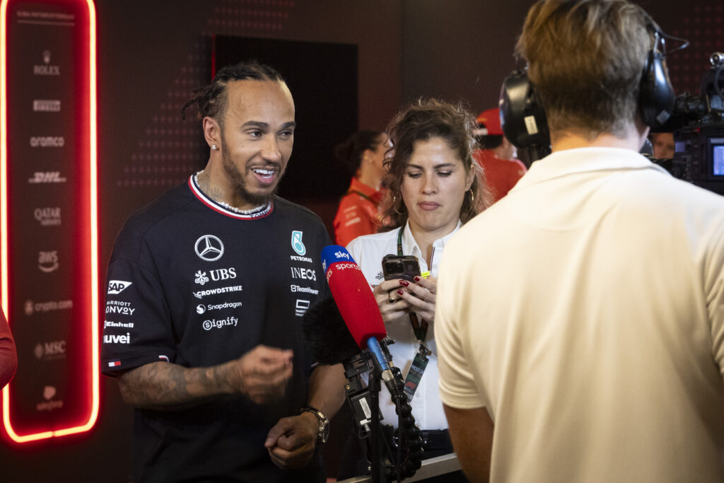 Mercedes driver Lewis Hamilton being interviewed at the 2024 Formula 1 Abu Dhabi Grand Prix